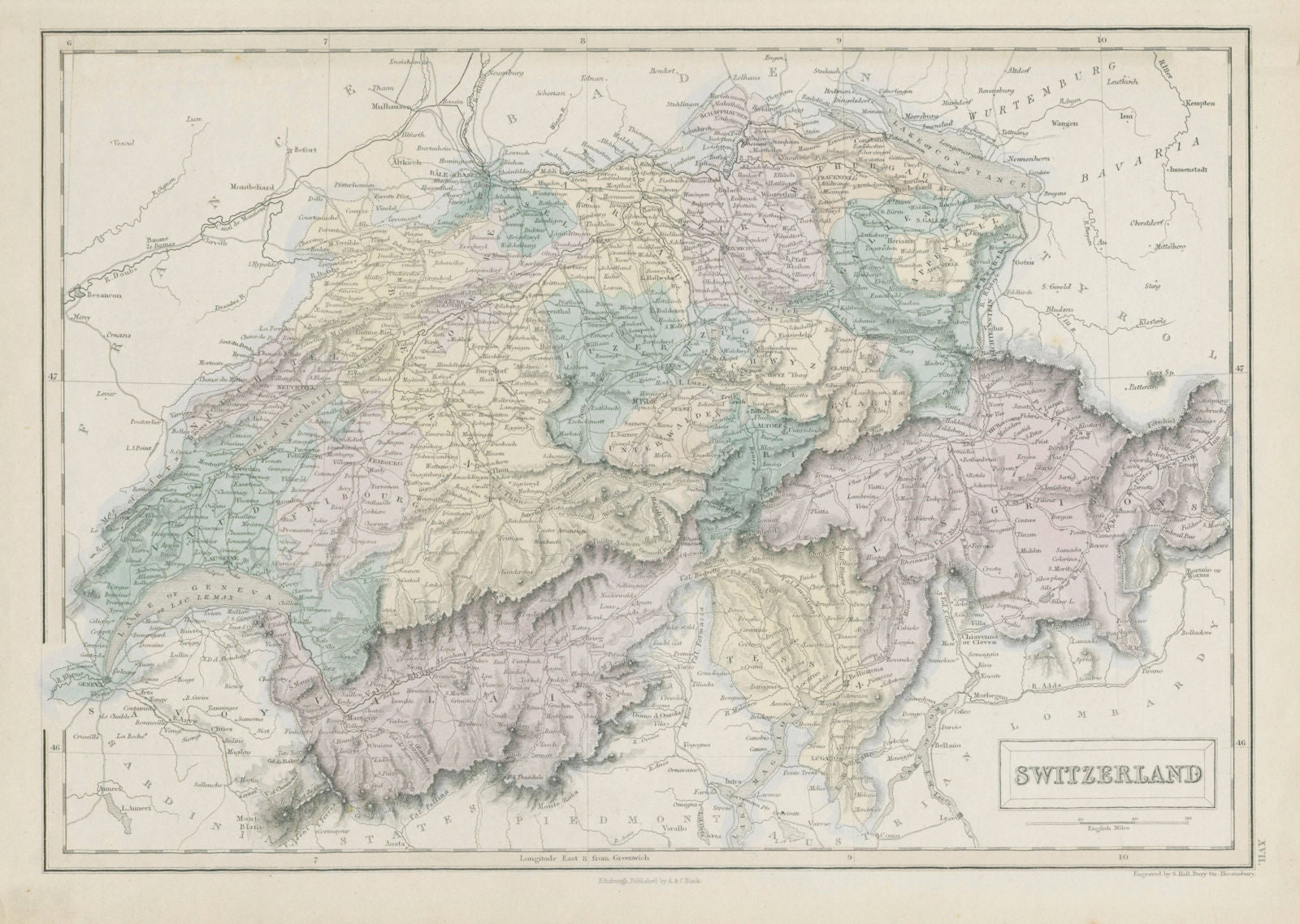 Switzerland showing cantons, rivers & roads. SIDNEY HALL 1856 old antique map